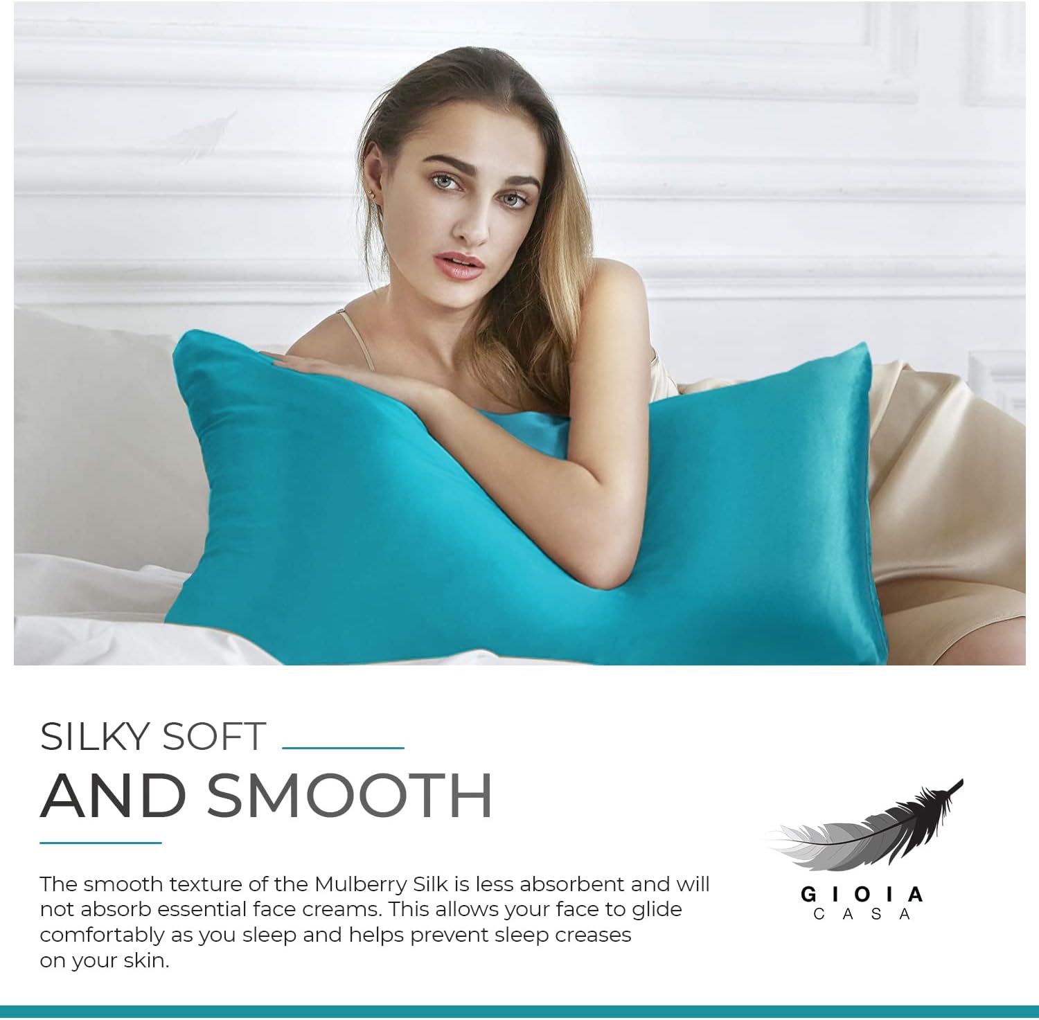 Luxury teal pillowcase made from 100% pure Mulberry silk, offering silky softness and smooth comfort for better sleep.