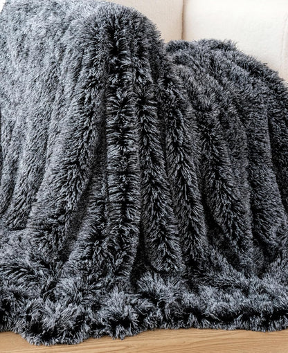 Charcoal faux fur shaggy throw blanket by Gioia Casa, offering plush comfort and reversible design for cozy homes.