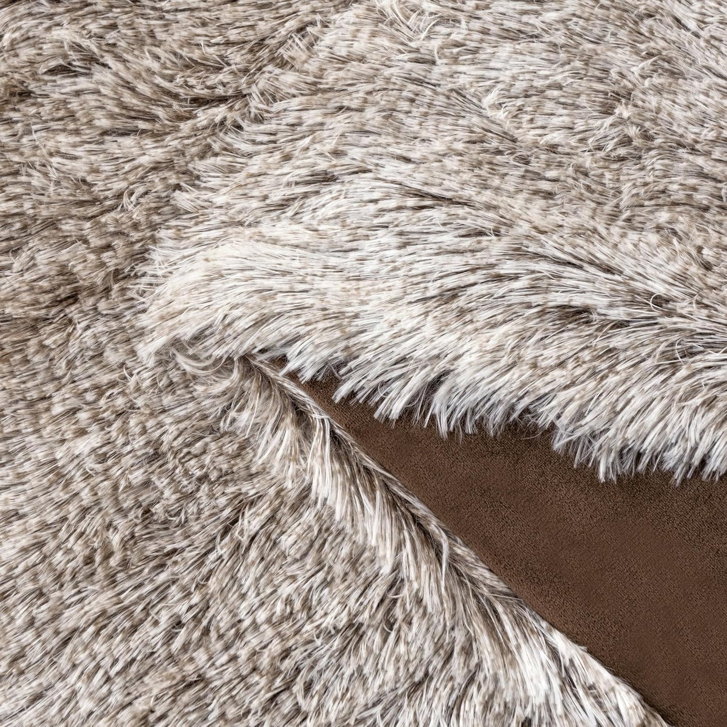 Premium chestnut faux fur shaggy throw blanket with reversible design showing plush textures and smooth microfibre velvet.