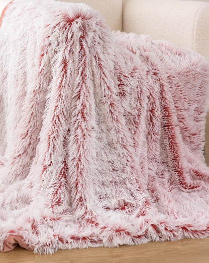 Luxurious rose faux fur shaggy throw blanket, double-sided for cozy comfort, perfect for home decor and warmth.