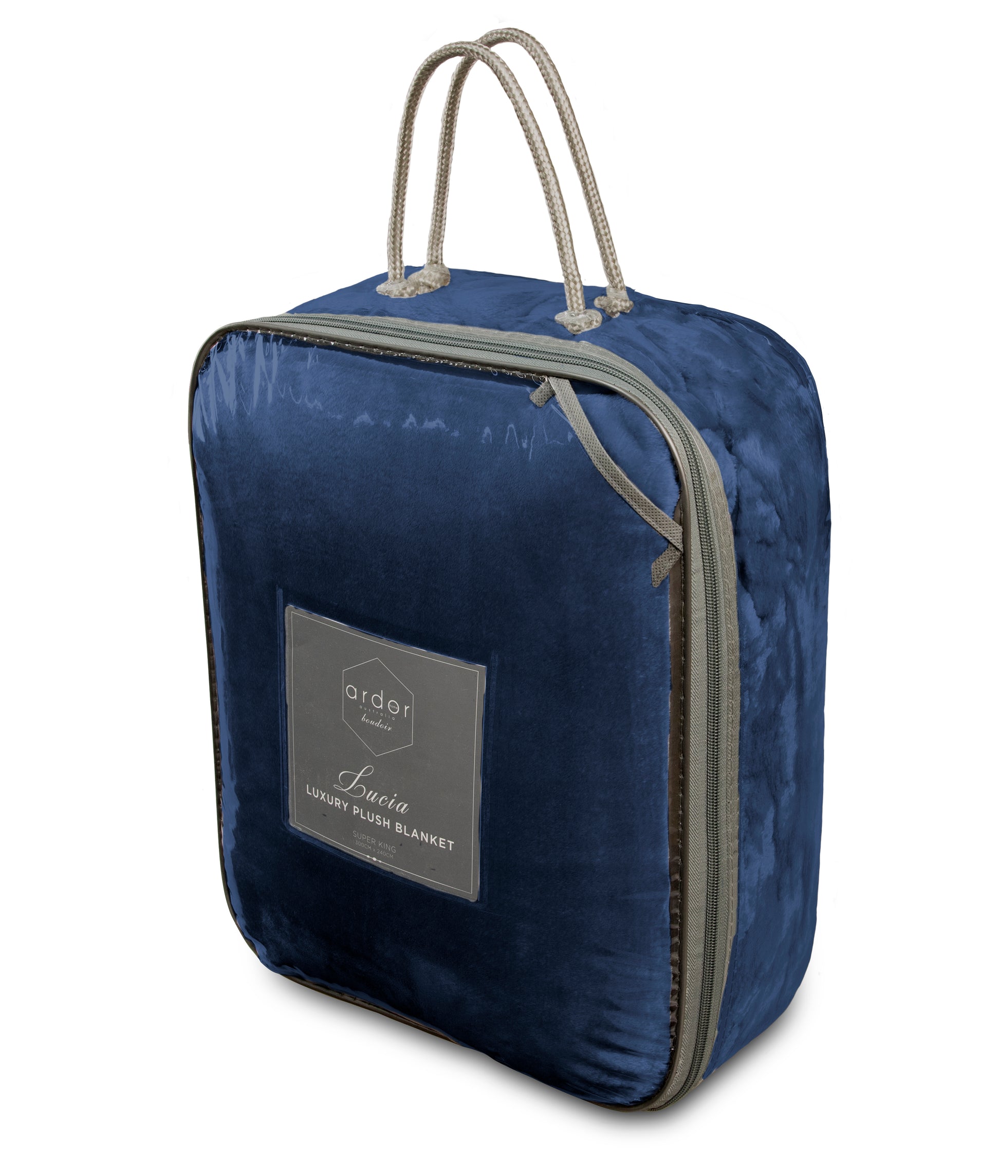 Lucia Luxury Plush Velvet Blanket packaged in navy blue with handles for easy carrying, perfect as a throw blanket.