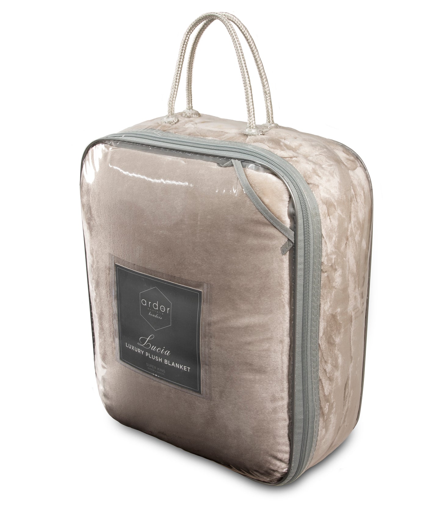 Lucia Luxury Plush Velvet Blanket packaged in a sleek carry bag, perfect for stylish storage and transport.