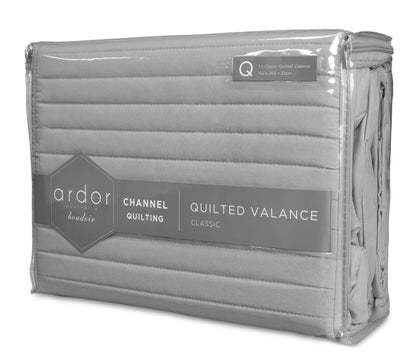 Ardor Boudoir Quilted Valance in silver packaging, showcasing stylish channel quilting for elegant bedroom decor.