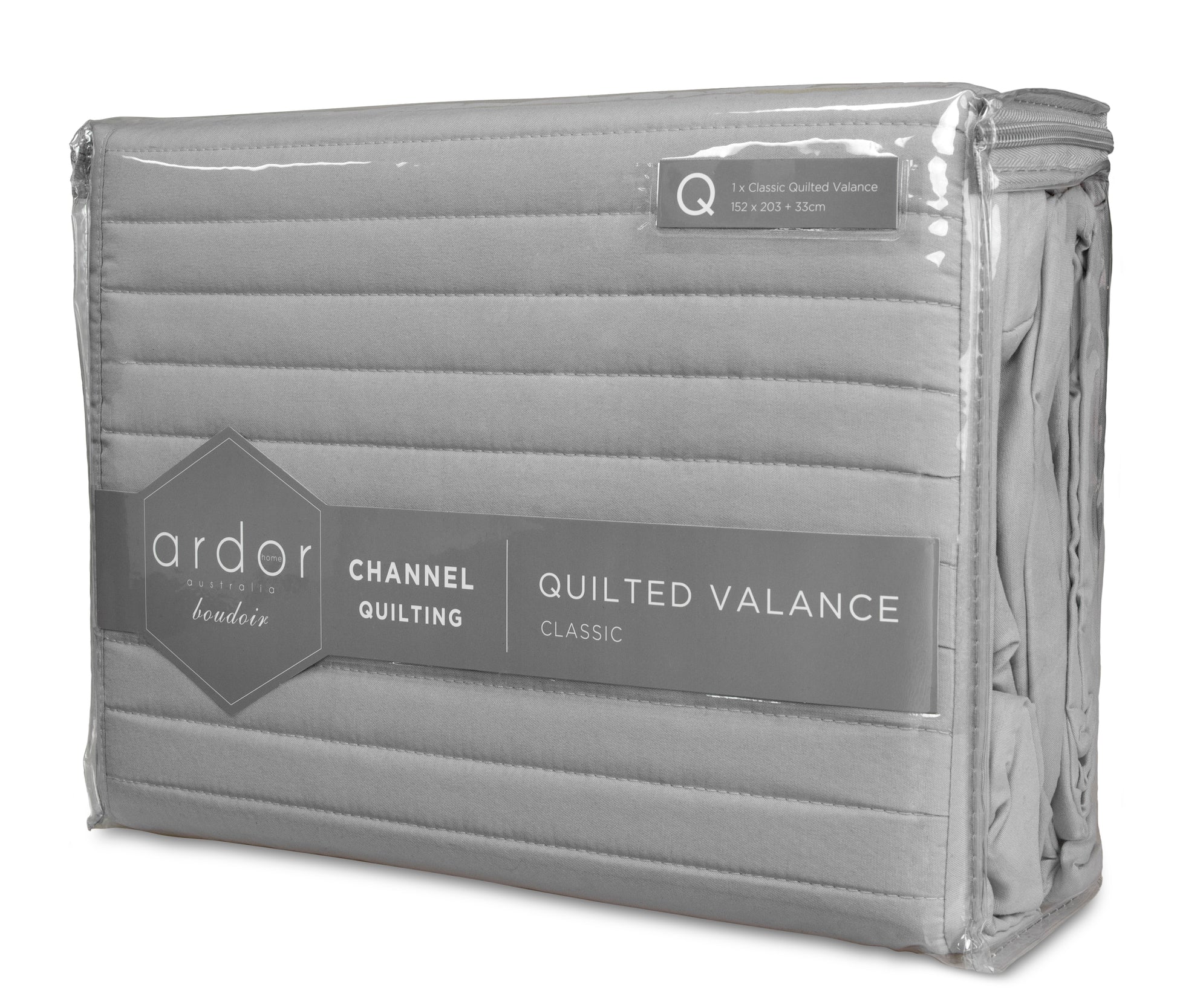 Ardor Boudoir channel quilted valance packaged in gray, perfect for stylish bedroom decor and elegant bedding layers.