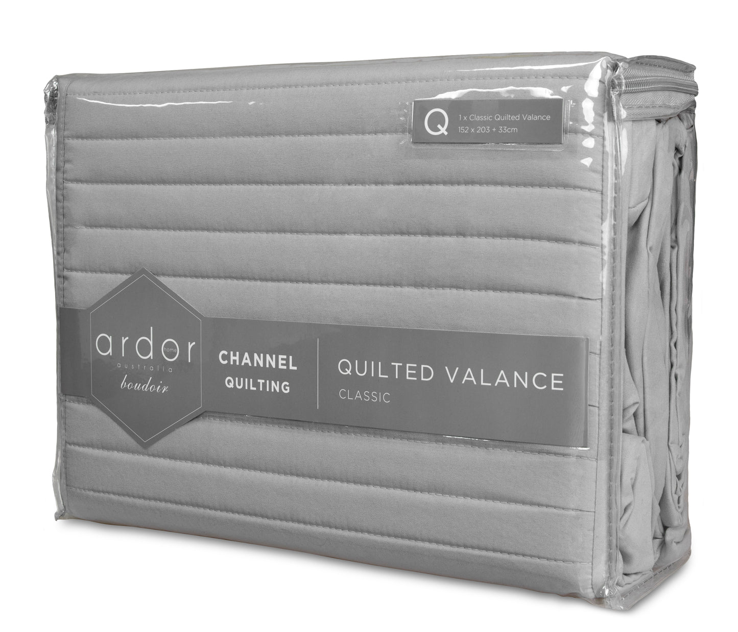 Quilted silver bedskirt valance packaging by Ardor Boudoir, showcasing elegant channel quilting design for bedroom decor.