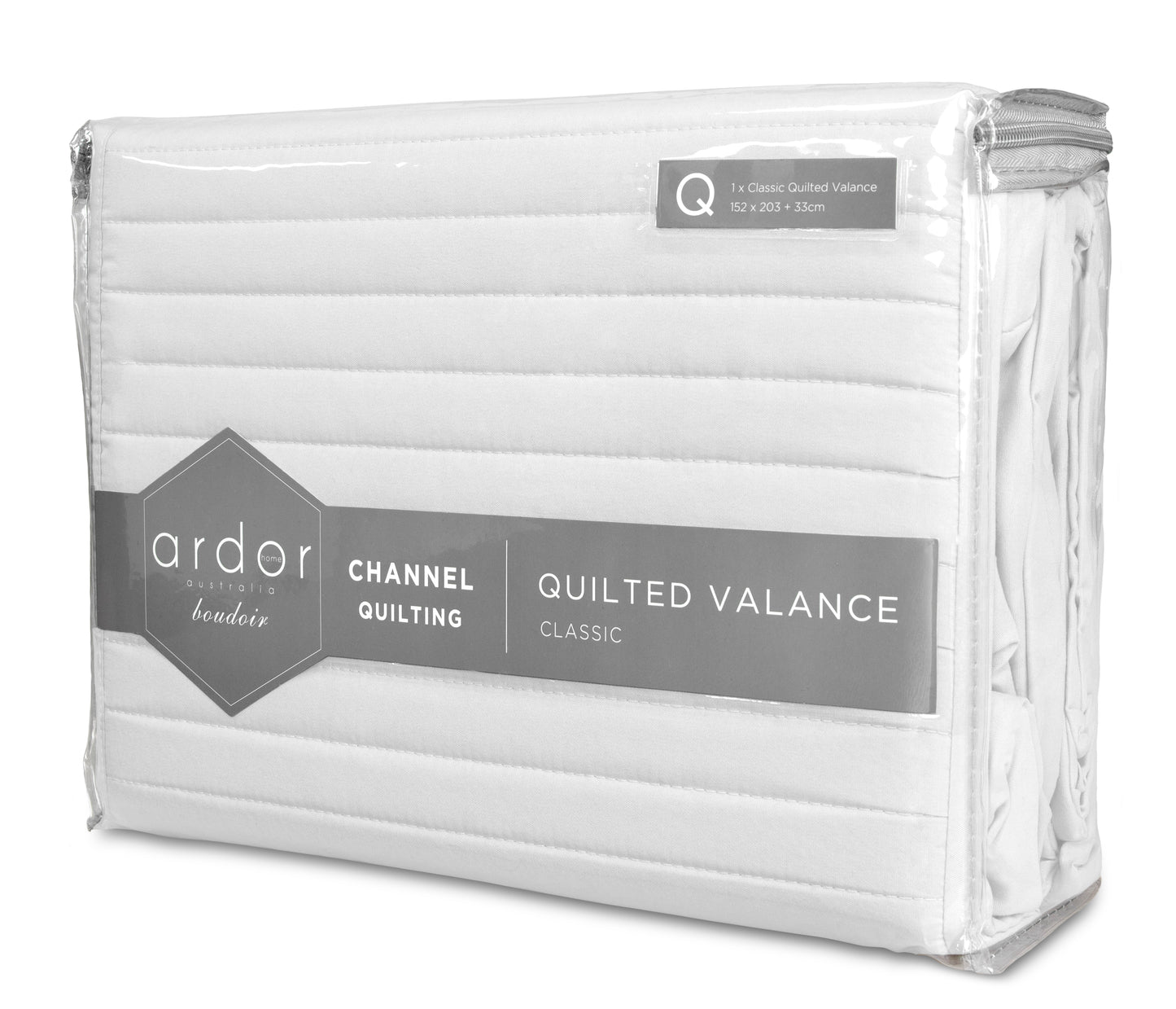 Ardor channel quilted valance in white packaging, perfect for adding elegance to bedroom décor.