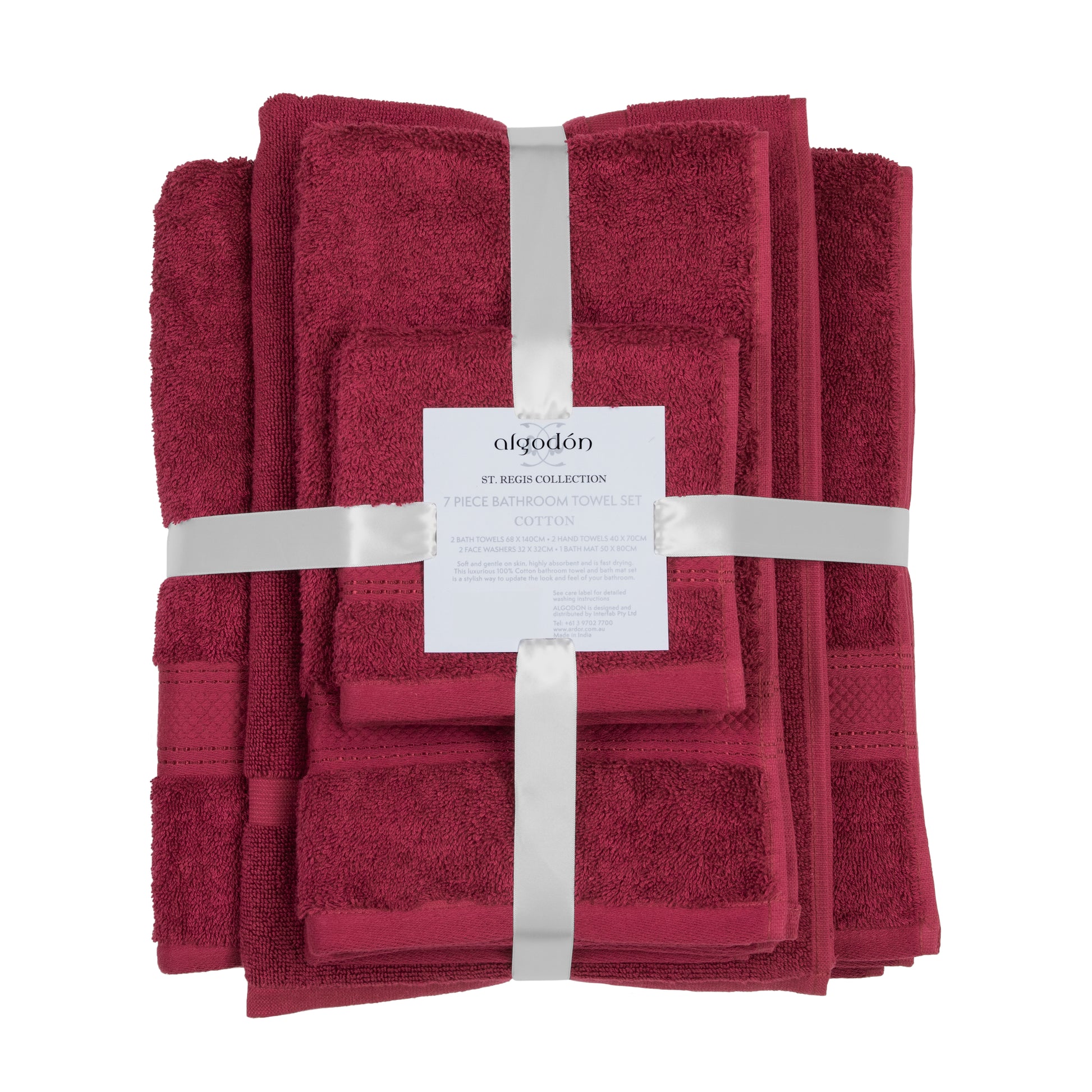 Burgundy cotton St. Regis 7-piece luxury bath towel set, includes bathroom towels, hand towels, and washcloths, highly absorbent and soft.