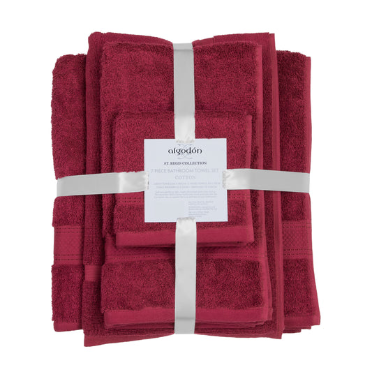 Burgundy cotton St. Regis 7-piece luxury bath towel set, includes bathroom towels, hand towels, and washcloths, highly absorbent and soft.