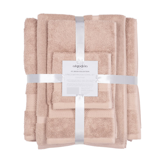 Peach 5-piece St. Regis Cotton Bath Towel Set, luxury bathroom towels, 100% cotton fabric, soft and absorbent.