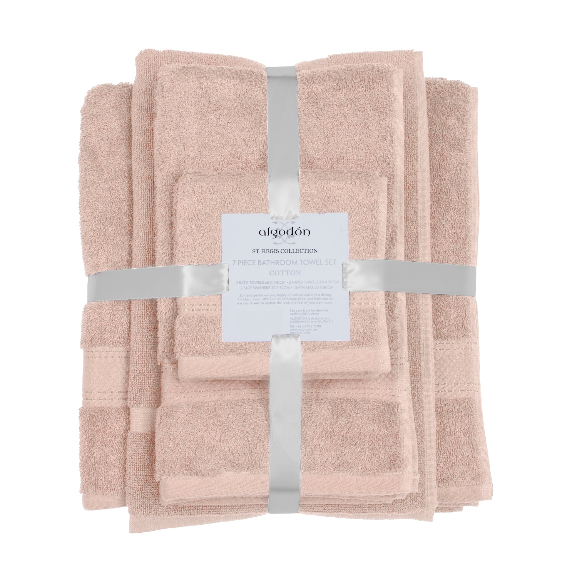 Luxurious Peach 7-piece St. Regis cotton bath towel set, includes bath towels, hand towels, and washcloths, perfect for a stylish bathroom.