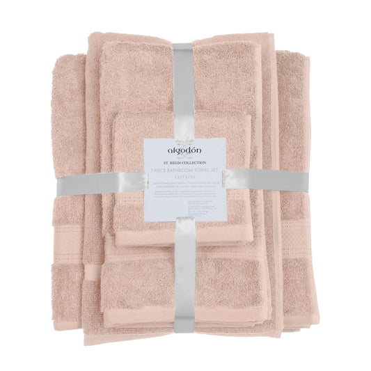 Luxurious Peach 7-piece St. Regis cotton bath towel set, includes bath towels, hand towels, and washcloths, perfect for a stylish bathroom.