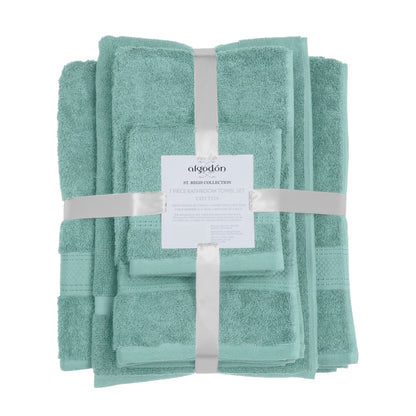 Luxury St. Regis 7-piece teal cotton bath towel set for bathroom elegance.