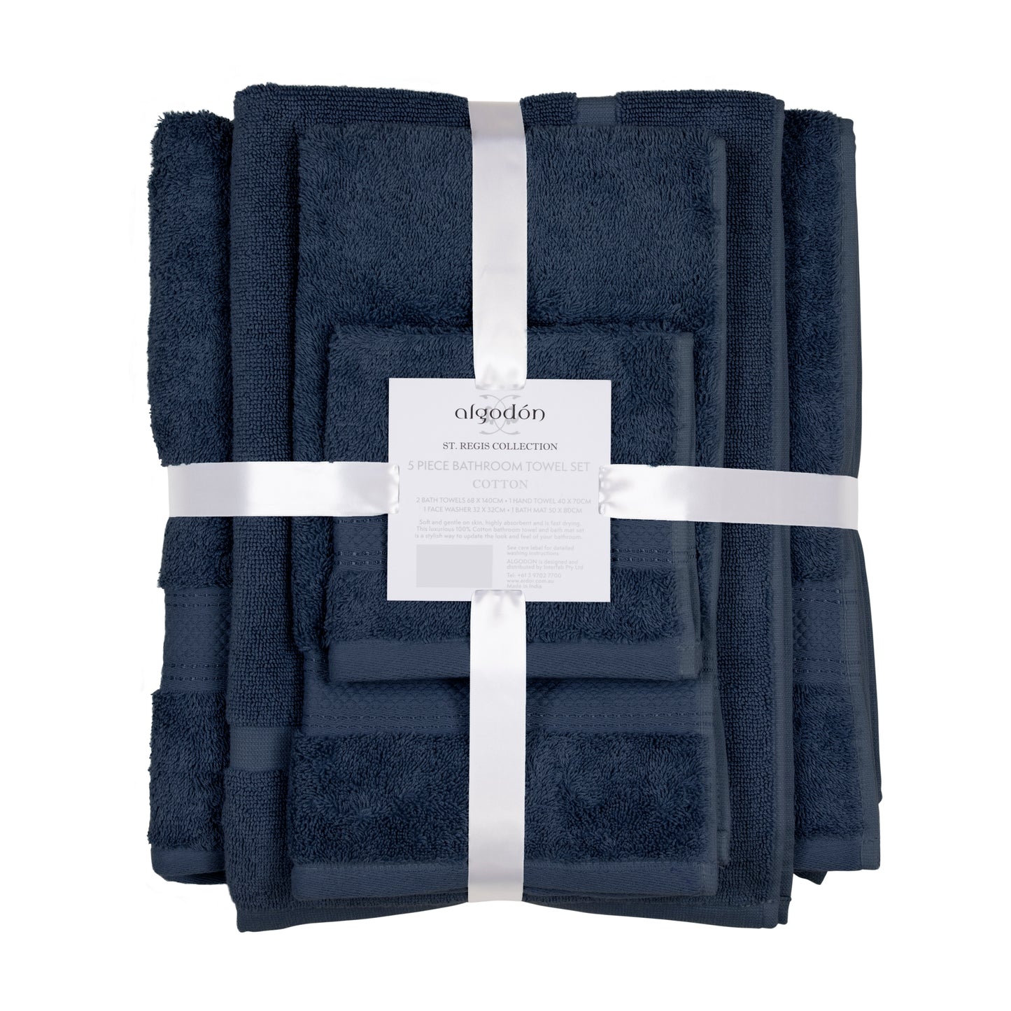 Navy blue 5-piece luxury cotton bath towel set, includes bath towels, hand towels, and washcloths for a stylish bathroom upgrade.