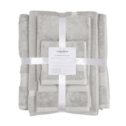 Grey 5-piece luxury cotton bath towel set, including bathroom towels, soft and absorbent, perfect for a stylish bathroom upgrade.