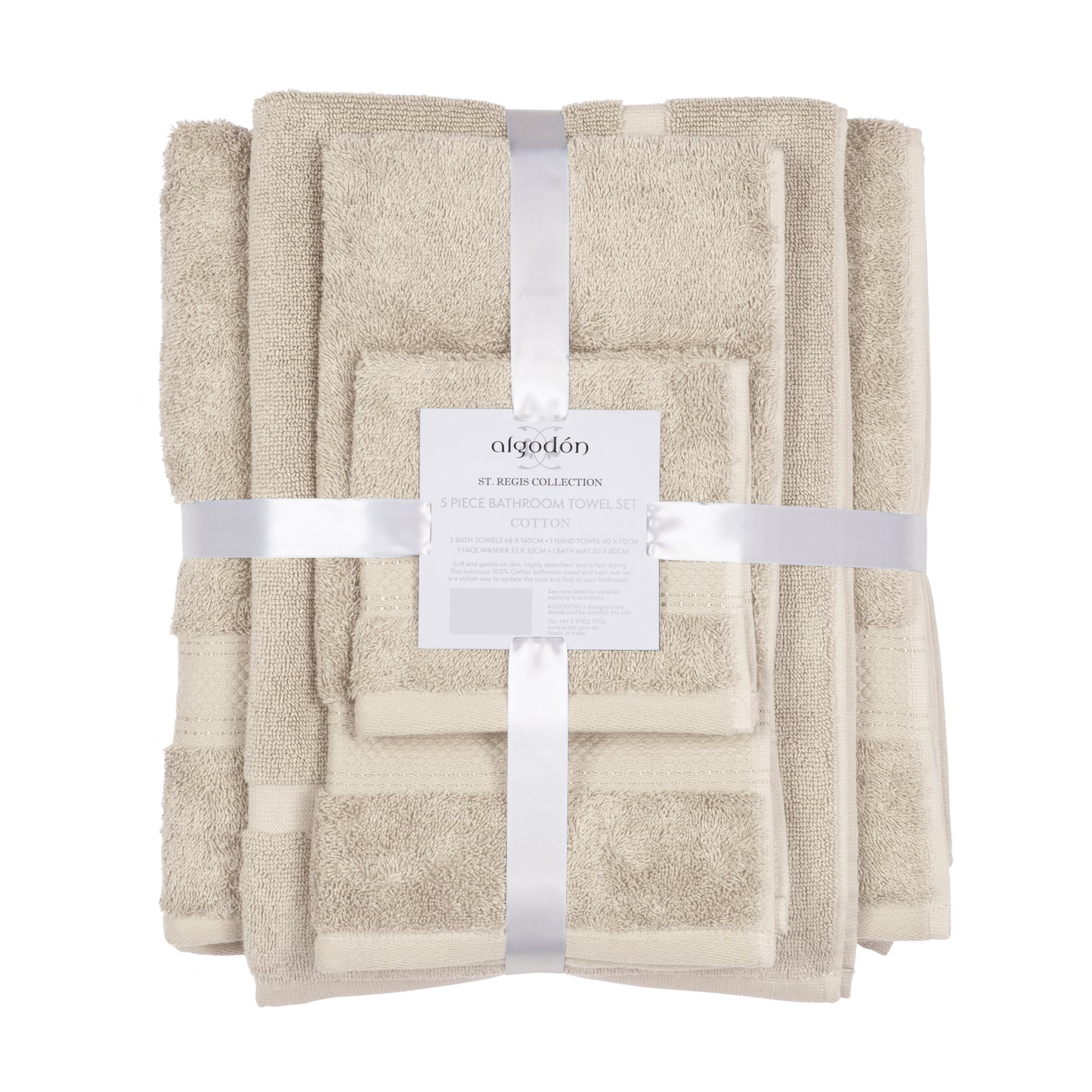 Beige St. Regis Cotton Bath Towel Set, 5-Piece Luxury Collection, includes soft, absorbent bathroom towels made from 100% cotton.