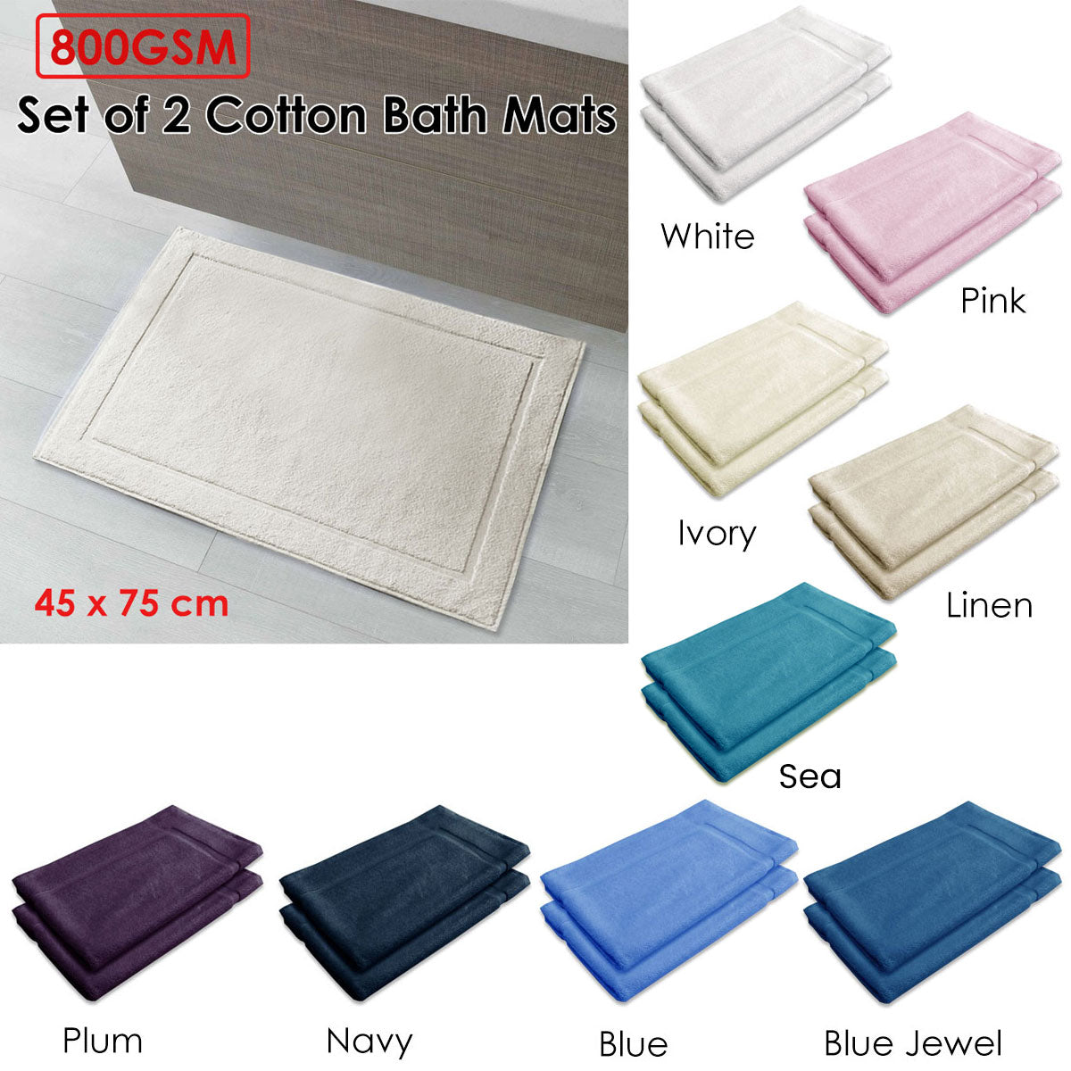 800 GSM Set of 2 Cotton Bath Mats in various colors - Soft, plush, and luxurious for your bathroom.