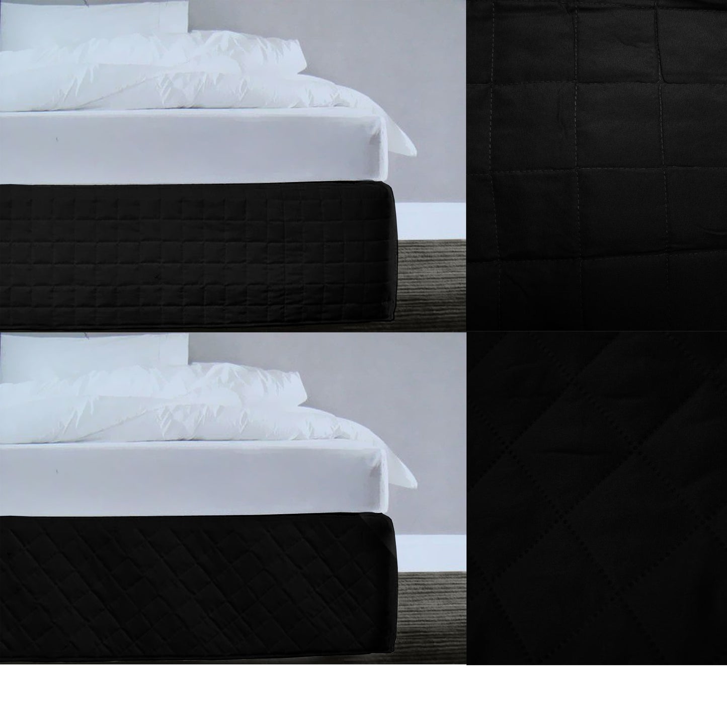 Random Pattern Quilted Bedskirt Valance in Black for Queen Size Beds, showcasing unique quilted design and tailored look.