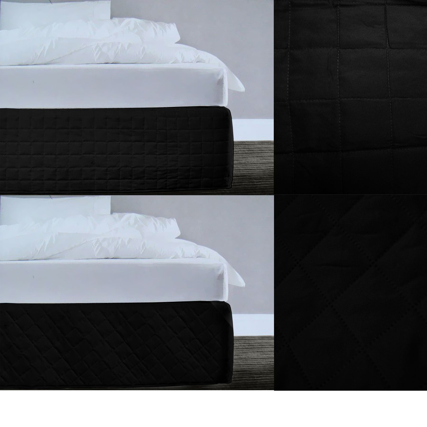 Random Pattern Quilted Bedskirt Valance in Black for Queen Size Beds, showcasing unique quilted design and tailored look.