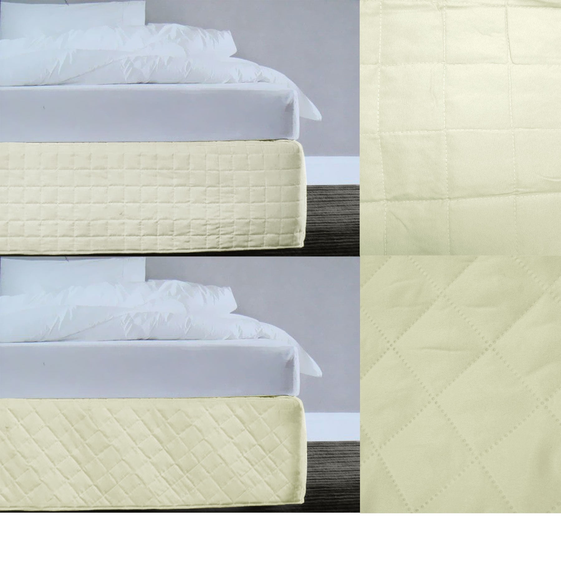 Random Pattern Quilted Bedskirt Valance in Cream for Queen size bed, showcasing its unique design and tailored finish.