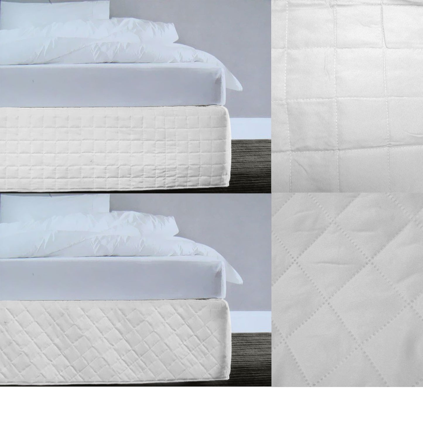 Random pattern quilted white bedskirt valance for queen size bed, showcasing modern design and tailored aesthetic.