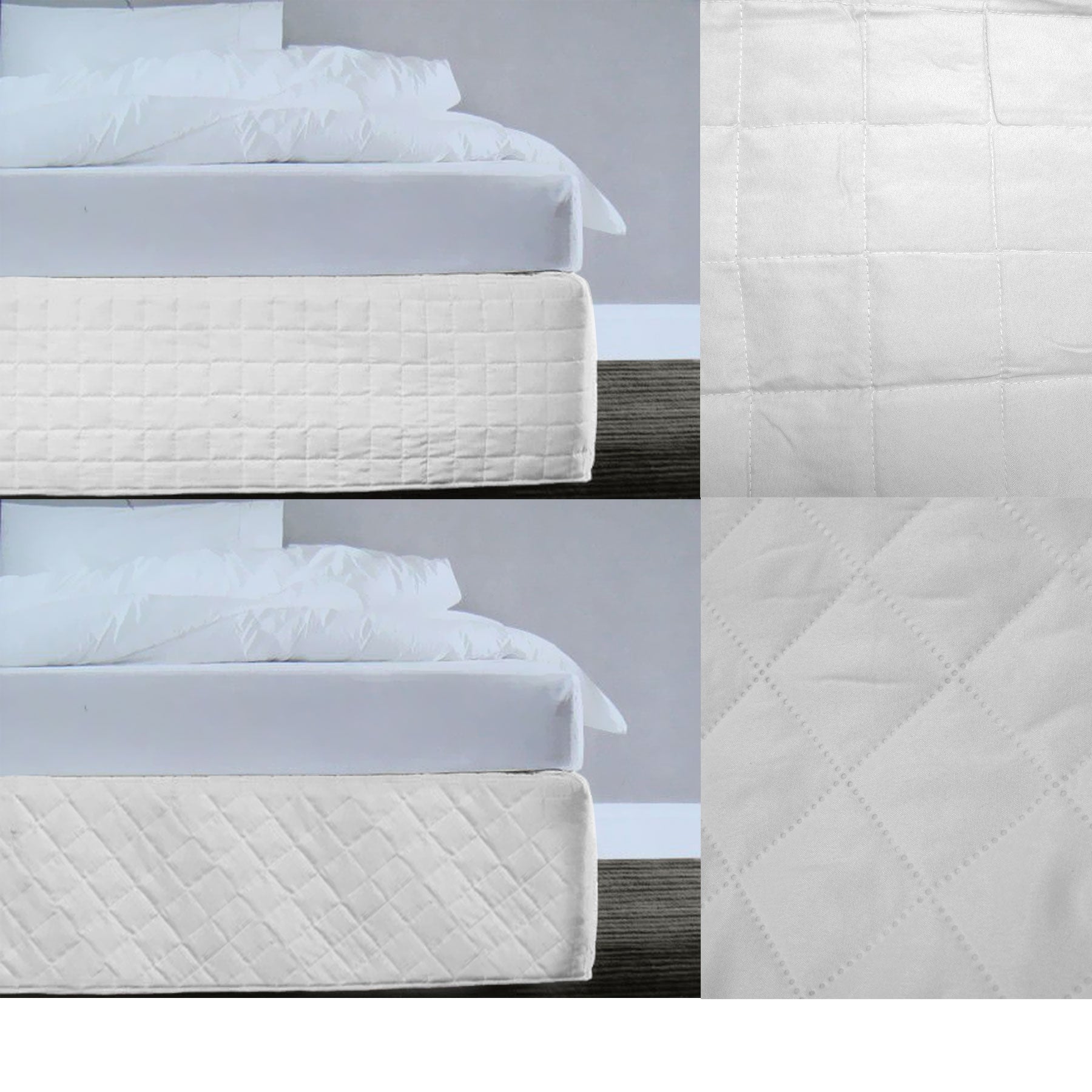 Random pattern quilted white bedskirt valance for queen size bed, showcasing modern design and tailored aesthetic.