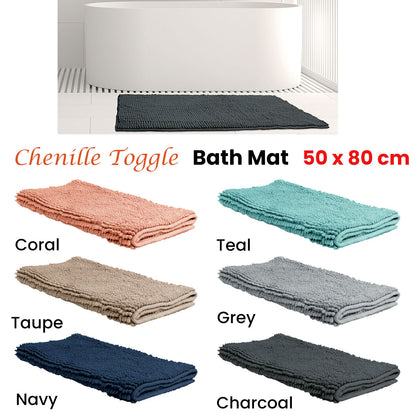 Chenille Toggle Bath Mats in various colors, 50 x 80cm, including Coral, Teal, Taupe, Grey, Navy, and Charcoal for stylish bathrooms.