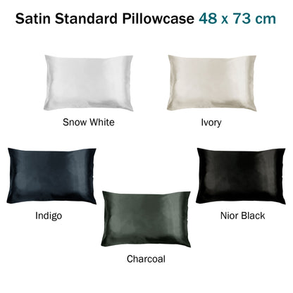 Satin standard pillowcases in various colors: Snow White, Ivory, Indigo, Nior Black, and Charcoal for luxurious sleep.