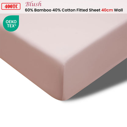 Accessorize 400TC Blush Bamboo Cotton Fitted Sheet showcasing luxurious texture and deep pocket design for king beds, perfect cotton bedsheets for ultimate comfort.
