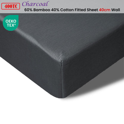 Accessorize 400TC Charcoal Bamboo Cotton Fitted Sheet showcasing luxurious texture and deep pocket design for double beds, perfect cotton bedsheets for ultimate comfort.
