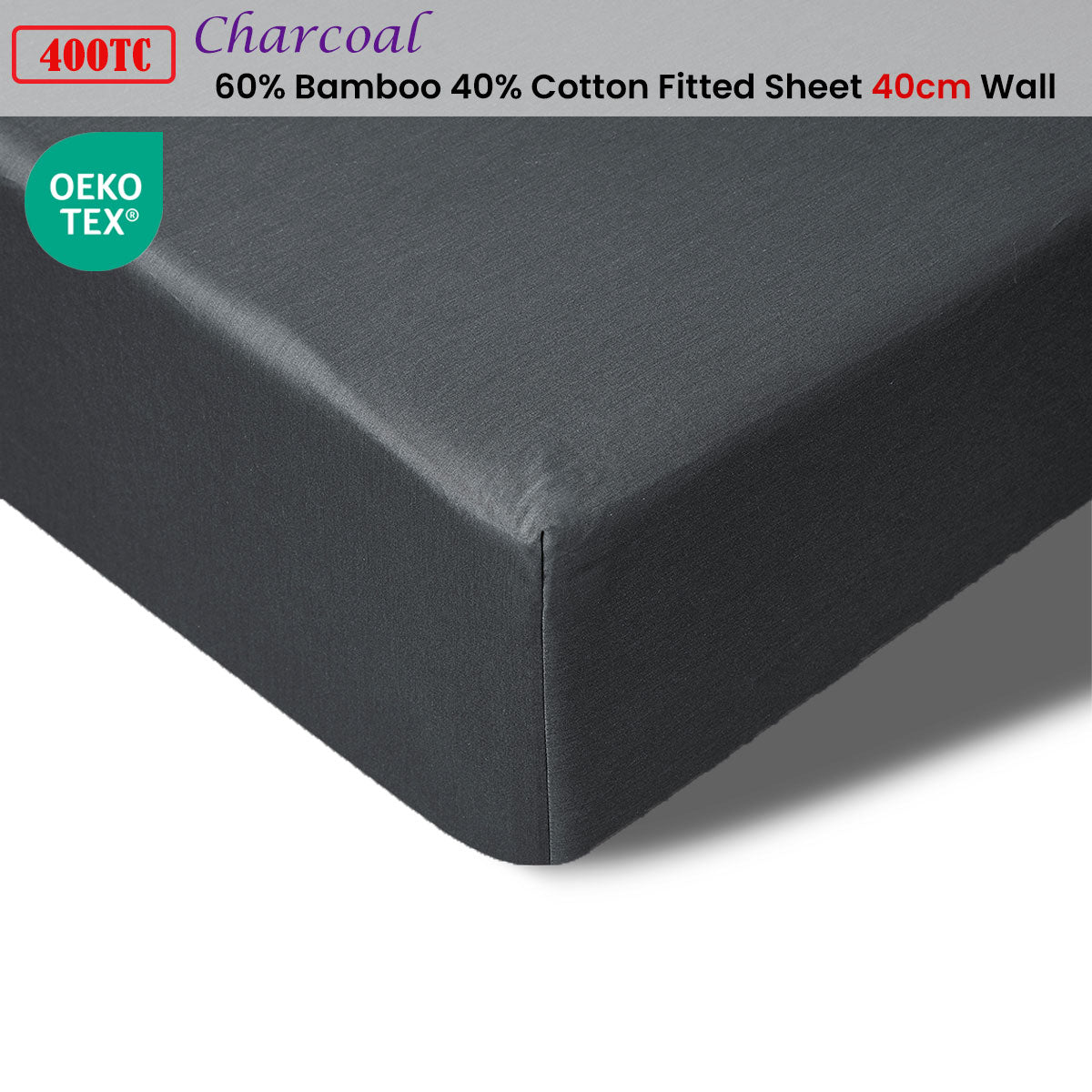 Accessorize 400TC Charcoal Bamboo Cotton Fitted Sheet showcasing luxurious texture and deep pocket design for king beds, perfect cotton bedsheets for ultimate comfort.
