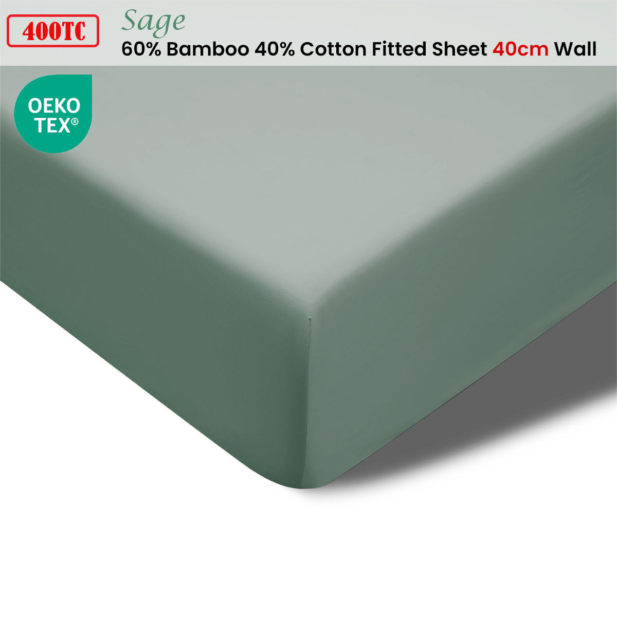 Accessorize 400TC Sage Bamboo Cotton Fitted Sheet showcasing luxurious texture and deep pocket design for king beds, perfect cotton bedsheets for ultimate comfort.
