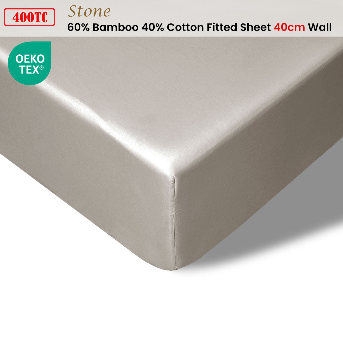 Accessorize 400TC Stone Bamboo Cotton Fitted Sheet showcasing luxurious texture and deep pocket design for double beds, perfect cotton bedsheets for ultimate comfort.
