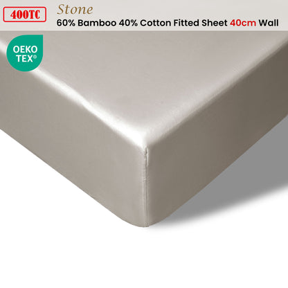 Accessorize 400TC Stone Bamboo Cotton Fitted Sheet showcasing luxurious texture and deep pocket design for queen beds, perfect cotton bedsheets for ultimate comfort.
