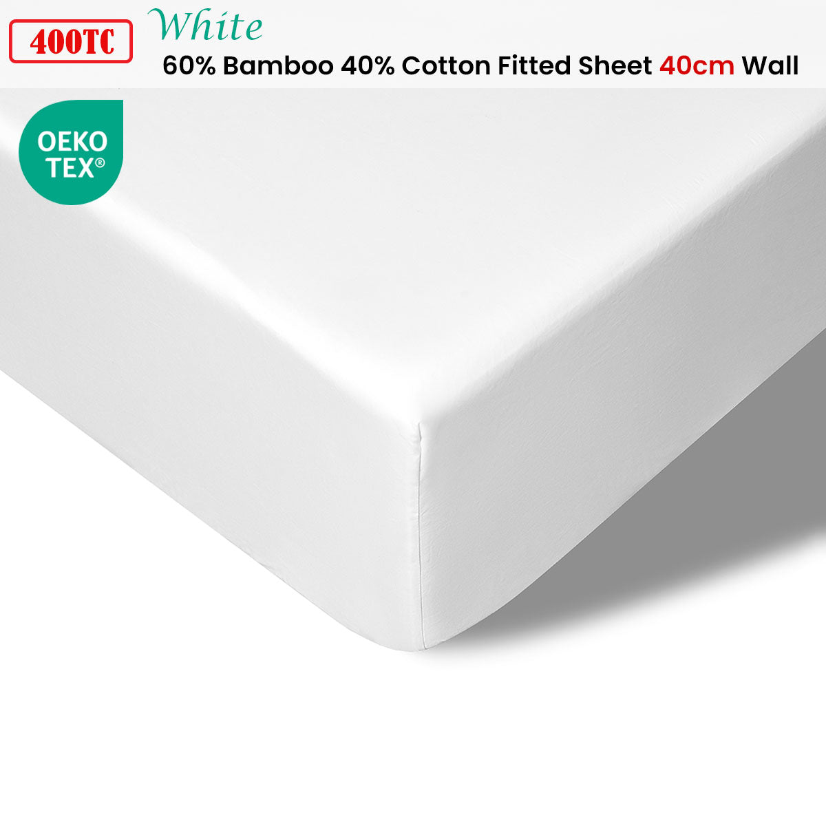 Accessorize 400TC White Bamboo Cotton Fitted Sheet showcasing luxurious texture and deep pocket design for double beds, perfect cotton bedsheets for ultimate comfort.
