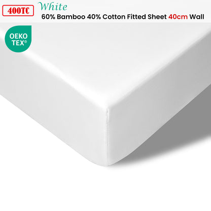 Accessorize 400TC White Bamboo Cotton Fitted Sheet showcasing luxurious texture and deep pocket design for king beds, perfect cotton bedsheets for ultimate comfort.
