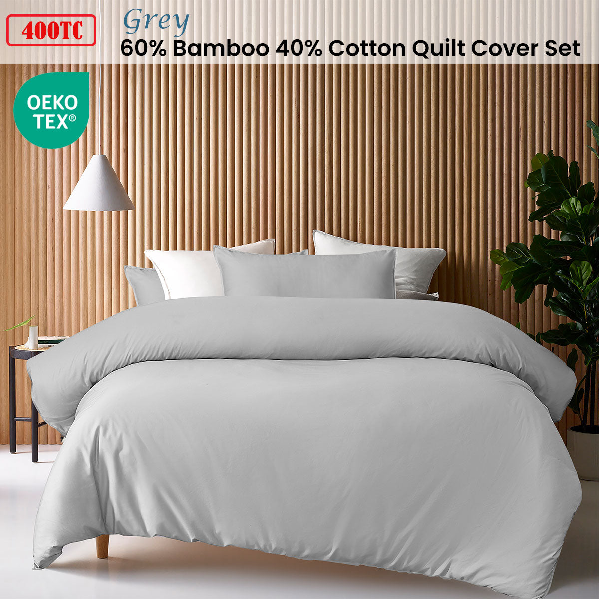 400TC grey bamboo cotton quilt cover set showcasing a smooth, luxurious finish in a modern bedroom setting.