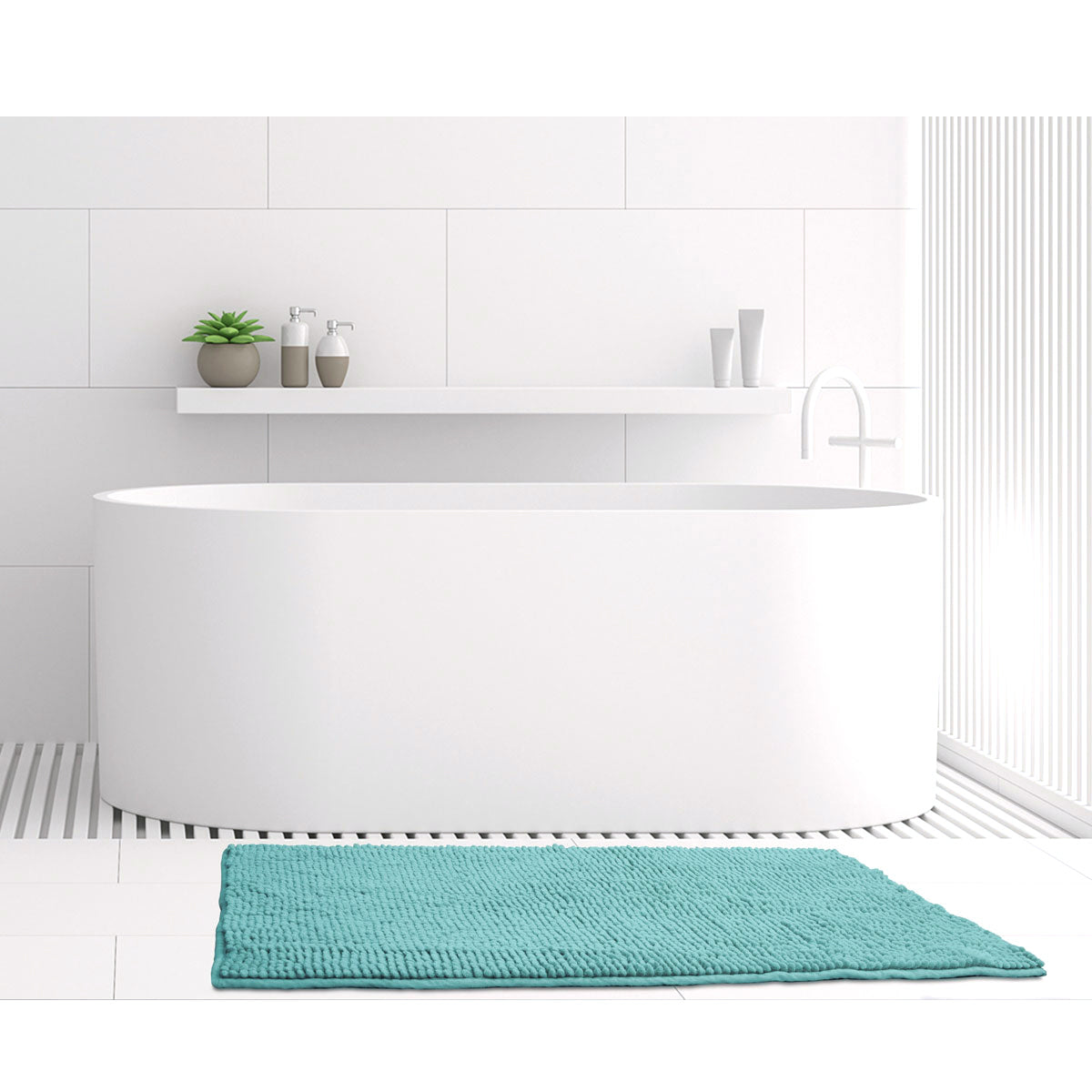 Luxurious medium marine bath mat in front of a modern bathtub, highlighting its vibrant color and stylish design for bathroom decor.