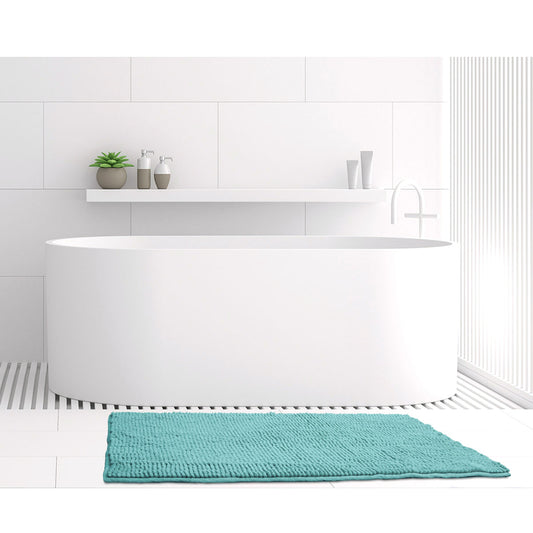 Luxurious medium marine bath mat in front of a modern bathtub, highlighting its vibrant color and stylish design for bathroom decor.