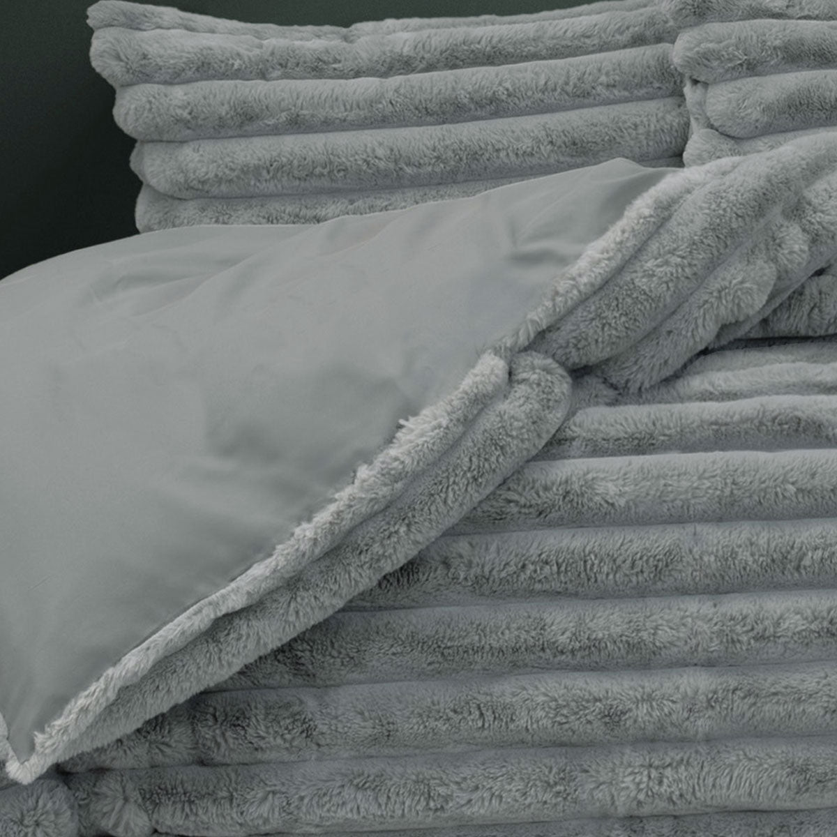 Jax Grey Chunky Faux Fur Quilt Cover Set showcasing soft plush texture and elegant design for cozy bedroom style.