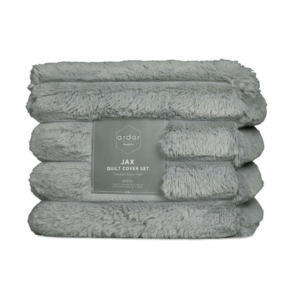 Jax Grey Chunky Faux Fur Quilt Cover Set by Ardor showcasing plush texture and soft smokey color, perfect for cozy bedding.