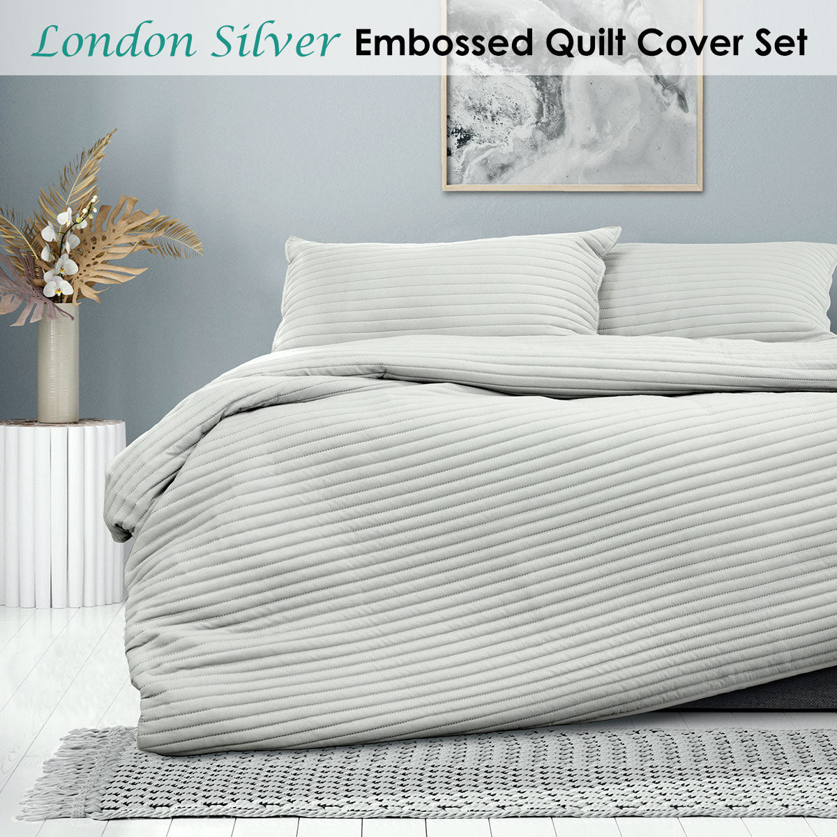 London Silver Embossed Quilt Cover Set showcasing soft texture, perfect for enhancing bedroom elegance and comfort.