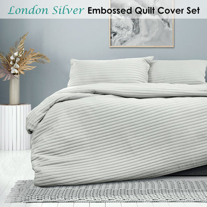 London Silver Embossed Quilt Cover Set, soft microfiber quilt cover for elegant bedroom style, ideal doona cover and duvet cover.