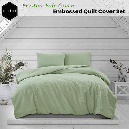 Preston Pale Green embossed quilt cover set by Ardor, featuring a soft microfiber fabric and tropical design for modern coastal decor.