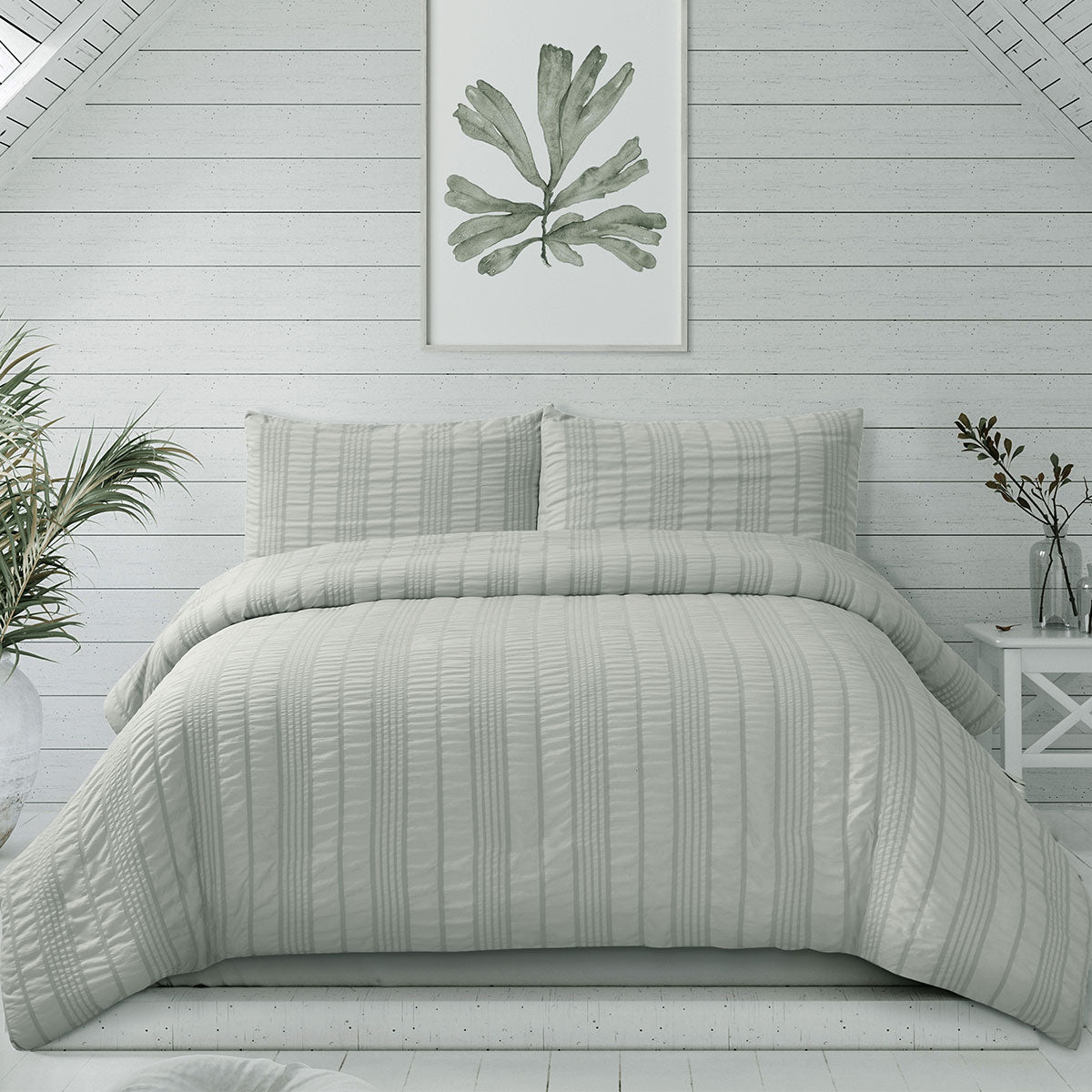 Ardor Sommer Coastal Grey Seersucker Stripe Quilt Cover Set in a cozy bedroom with natural decor elements.