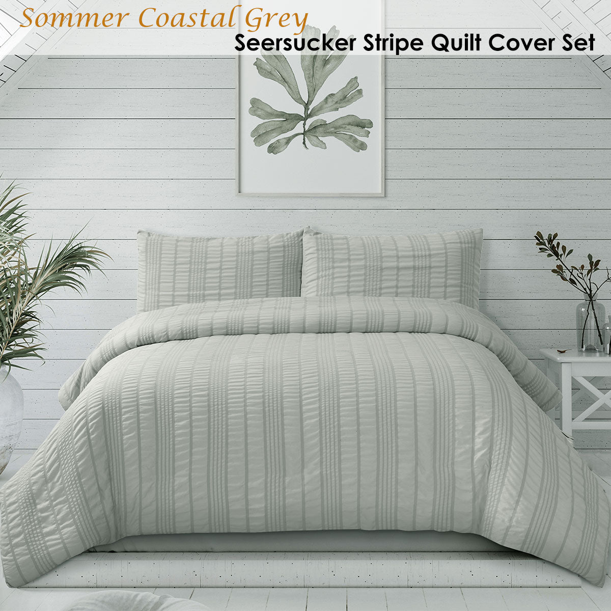 Sommer Coastal Grey Seersucker Stripe Quilt Cover Set with textured stripes, enhancing bedroom elegance and comfort.