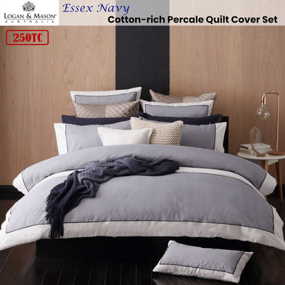 Logan and Mason Essex Navy Cotton-rich Percale Quilt Cover Set in refined herringbone pattern with navy and white palette.