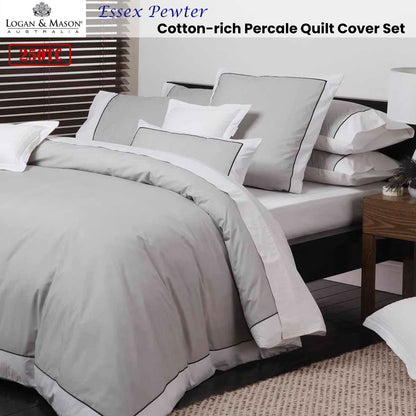 Logan and Mason Essex Pewter King quilt cover set with herringbone pattern, cotton-rich percale, showing tailored white border and piping.