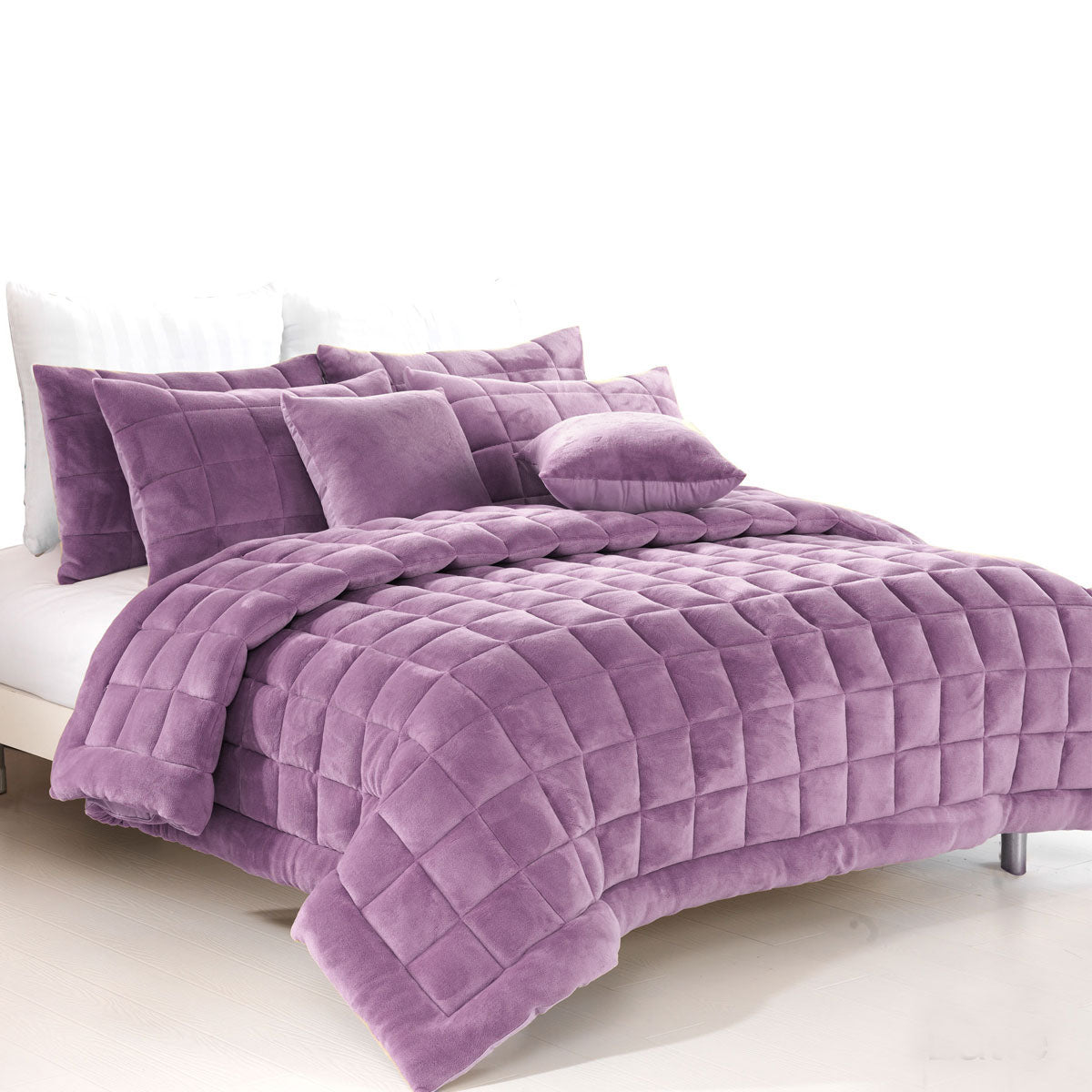 Lilac faux mink quilt and comforter set by Alastairs, featuring quilted design and soft textures for a cozy bedroom look.