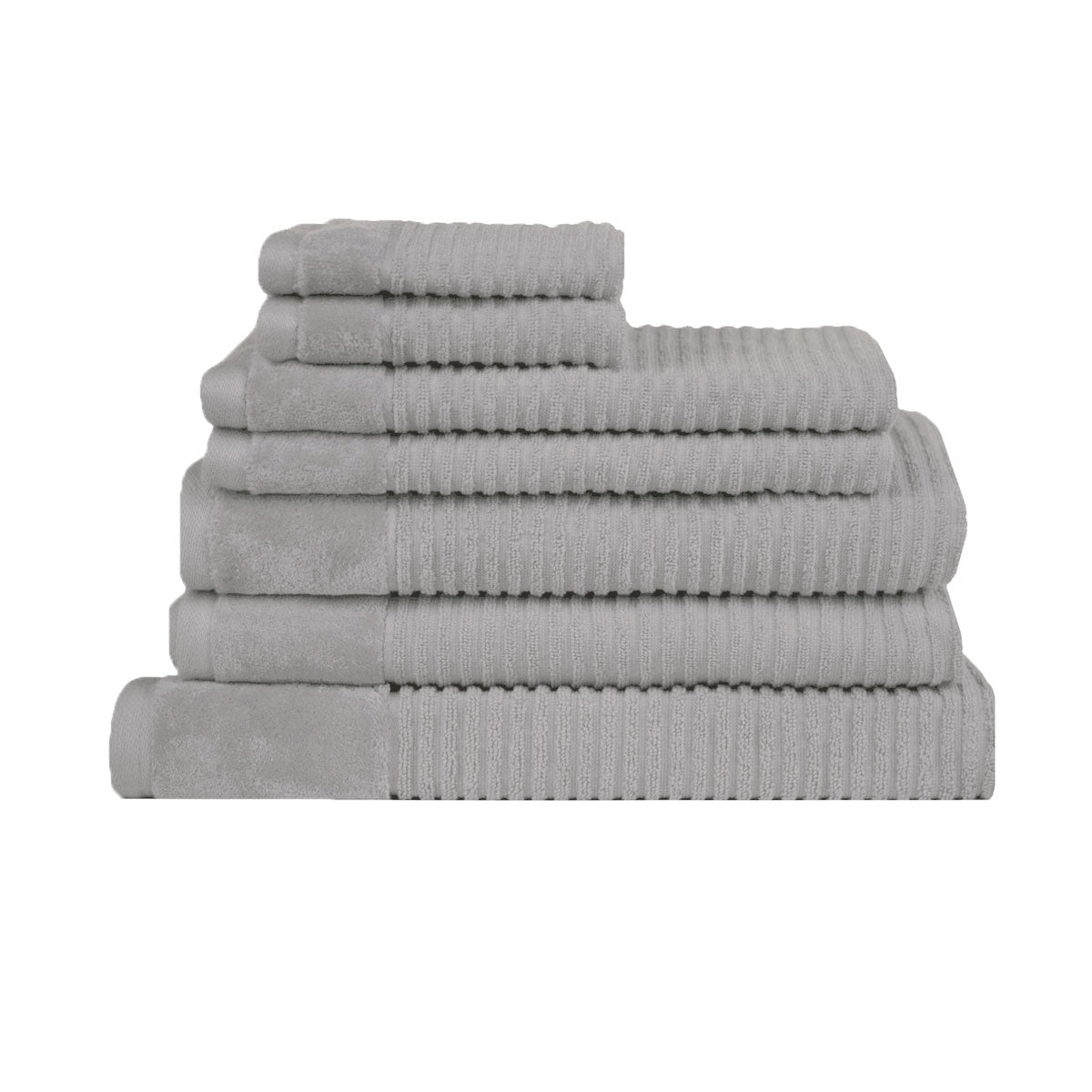 Silver 7 Piece Royal Excellency Cotton Bath Towel Set with stripe patterns, perfect for luxurious and durable bathroom towels.