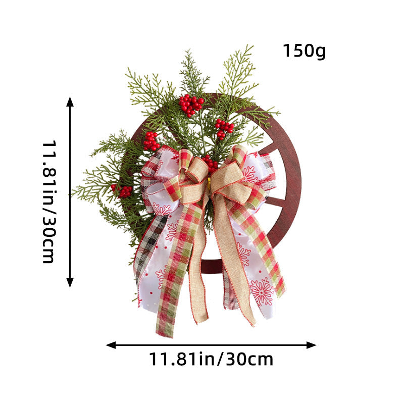 Christmas Red Wooden Wheel Wreath with festive greenery and bows, measuring 30cm, perfect for holiday decor.